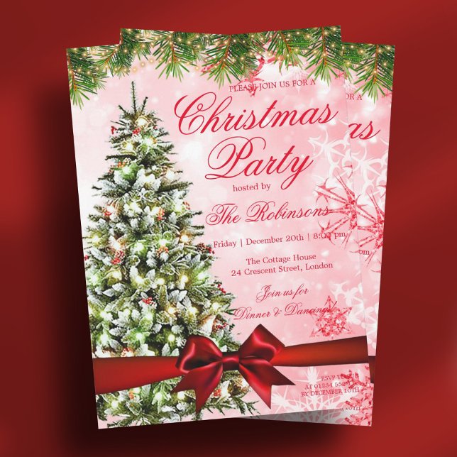 Gold Christmas Party Xmas Tree Lights & Ribbon Red Invitation (Gold Christmas Party Xmas Tree Lights & Ribbon Red Invitation)