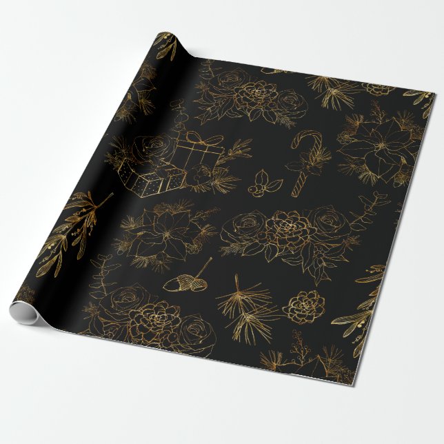 Gold Christmas Pattern Wrapping Paper (Unrolled)
