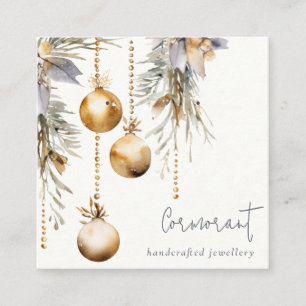 Gold Christmas Pine Ornaments Earring Stud Holder Square Business Card