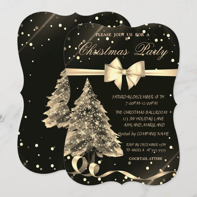 Gold Christmas Pine Tree ,Bow, Christmas Party Invitation (Front/Back)