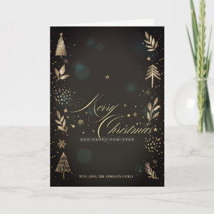 Gold Christmas Pine Tree,Branches Black Bokeh Holiday Card