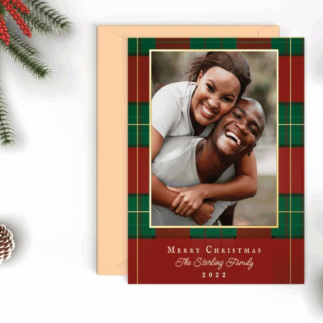 Gold Christmas Plaid Foil Holiday Photo Card (Creator Uploaded)