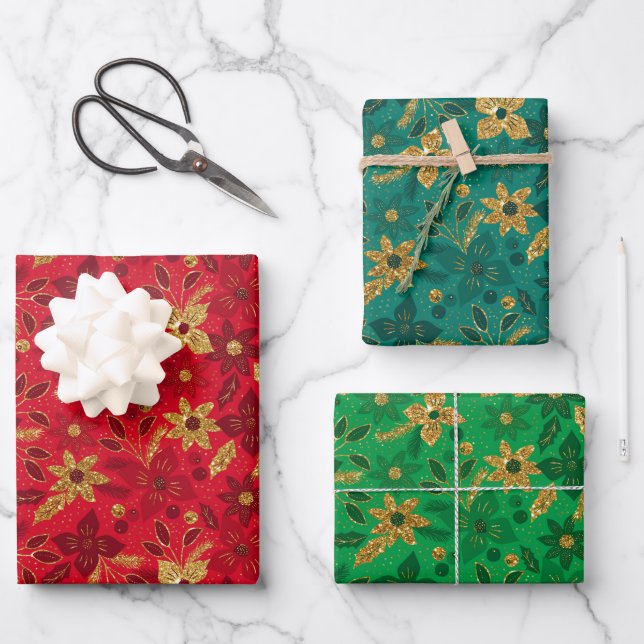 Gold Christmas Poinsettia Flowers Wrapping Paper Sheet (Front)