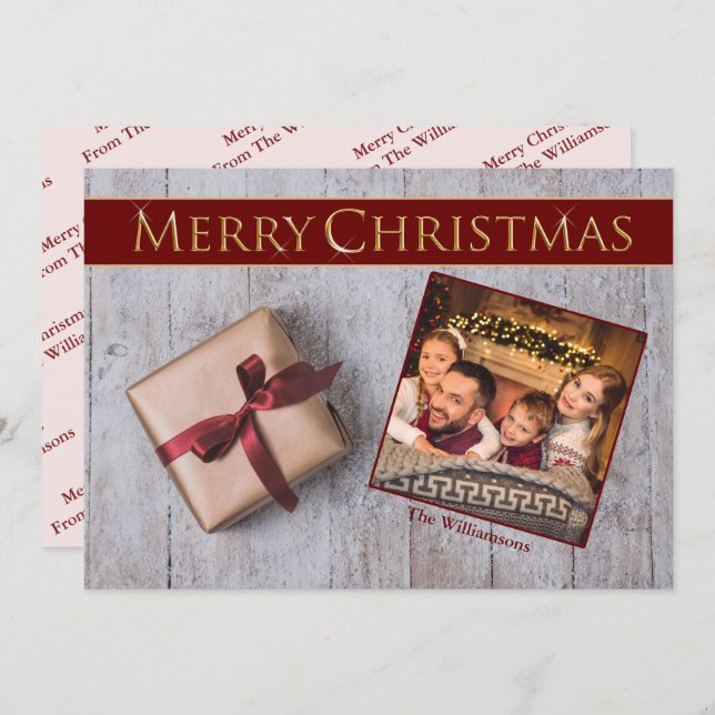 Gold Christmas Present on Snowy Deck Photo Holiday Card (Front/Back)