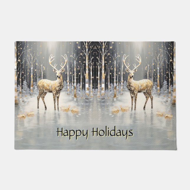 Gold Christmas Reindeer Holiday Doormat (Front)