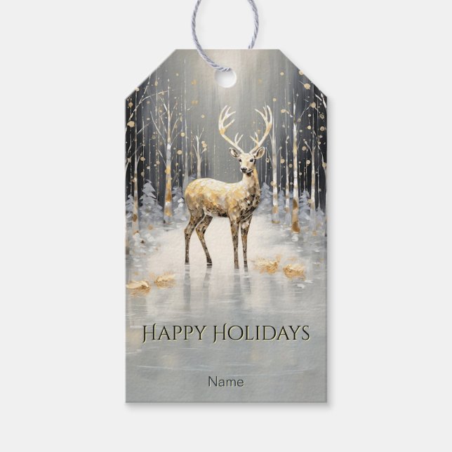 Gold Christmas Reindeer Holiday Gift Tag (Front)