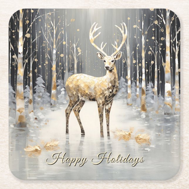 Gold Christmas Reindeer Holiday Paper Coaster (Front)