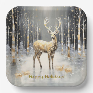 Gold Christmas Reindeer Holiday Paper Plate