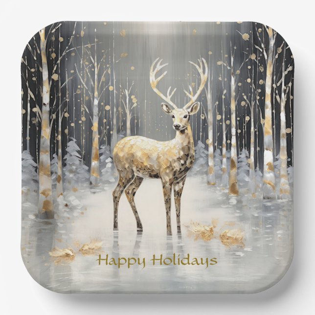 Gold Christmas Reindeer Holiday Paper Plate (Front)