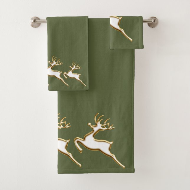 Gold Christmas Reindeer On Forest Green Bath Towel Set (Insitu)