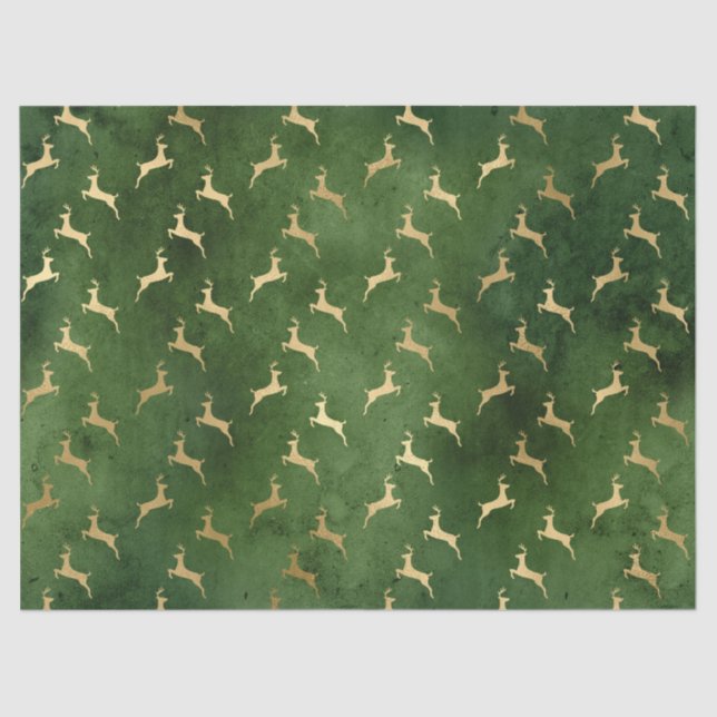 Gold Christmas Reindeer on Green Decoupage Tissue Paper (Front)