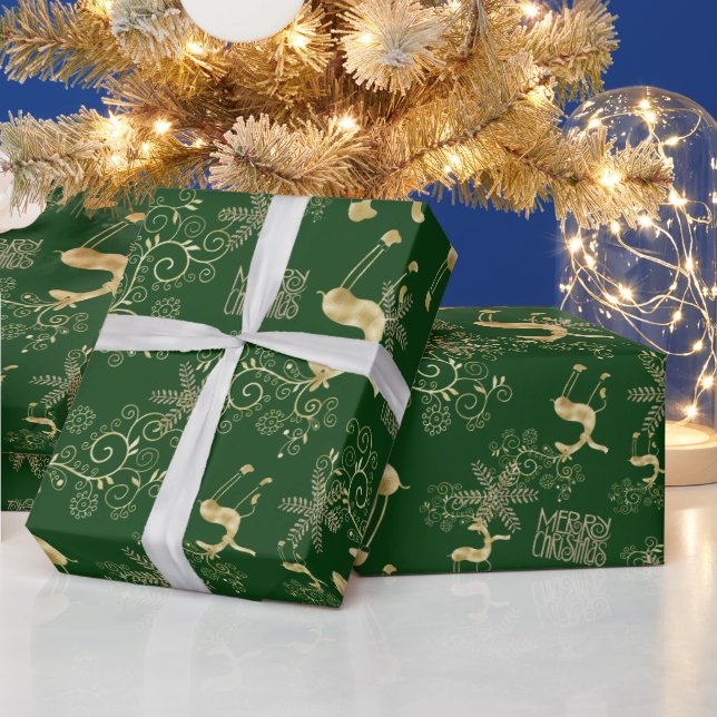 Gold Christmas Reindeer on Green Wrapping Paper (Holidays)