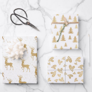 Gold Christmas Reindeer Trees Pattern Wrapping Paper Sheet