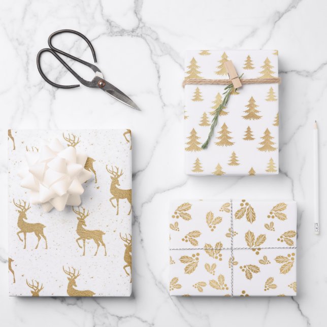 Gold Christmas Reindeer Trees Pattern Wrapping Paper Sheet (Front)