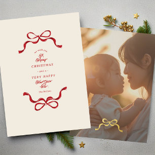 gold christmas retro bow photo foil holiday card