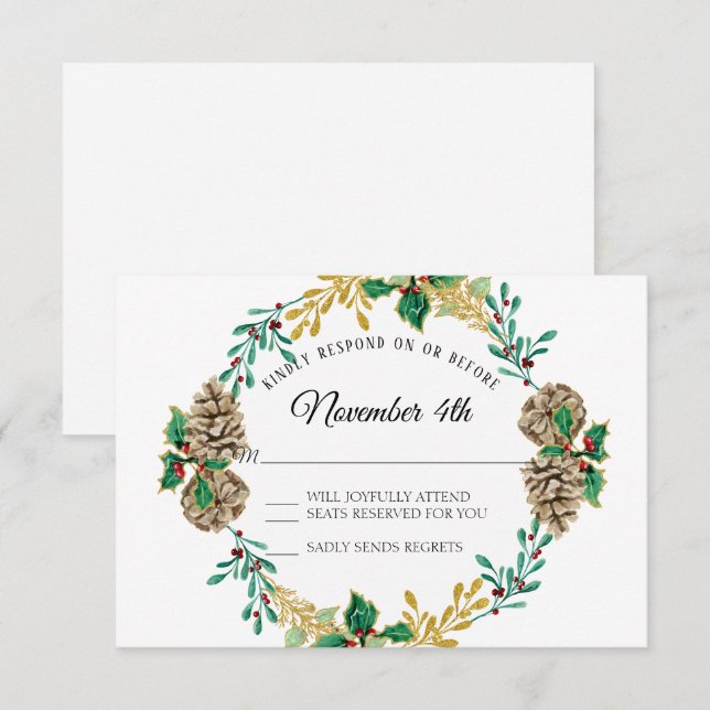 Gold Christmas RSVP Holly Leaf Pine Cone Wreath Invitation (Front/Back)