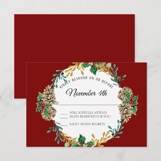 Gold Christmas RSVP Red Holly Pine Cone Wreath Invitation (Front/Back)