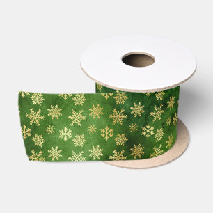 Gold Christmas Snowflakes on Green Satin Ribbon