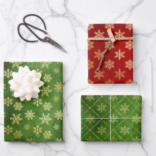 Gold Christmas Snowflakes on Red and Green Wrapping Paper Sheet