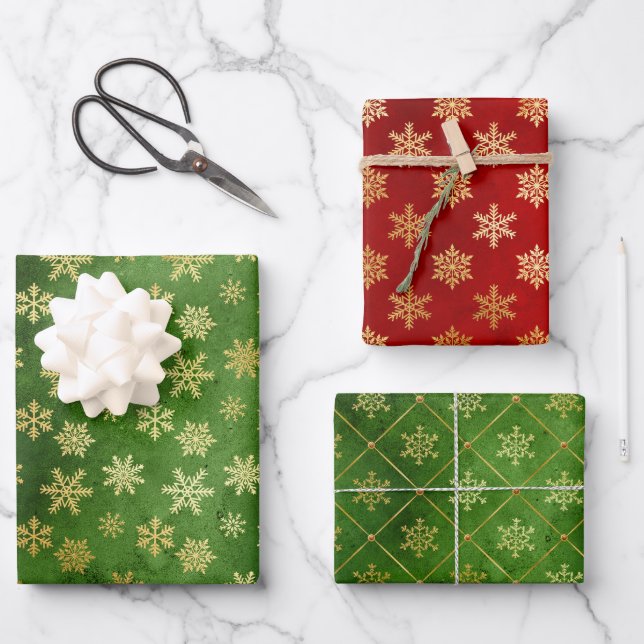 Gold Christmas Snowflakes on Red and Green Wrapping Paper Sheet (Front)