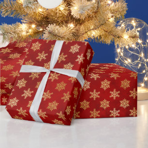 Gold Christmas Snowflakes on Red Wrapping Paper