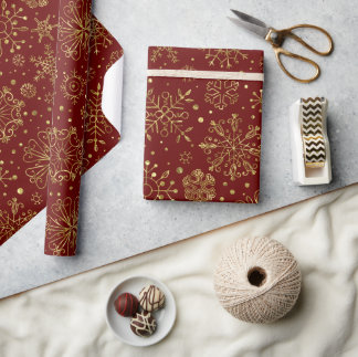 Gold Christmas Snowflakes On Red Wrapping Paper
