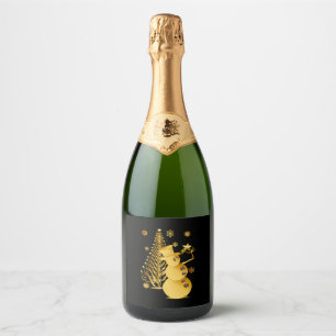 Gold Christmas Snowman and Star Tree Sparkling Wine Label
