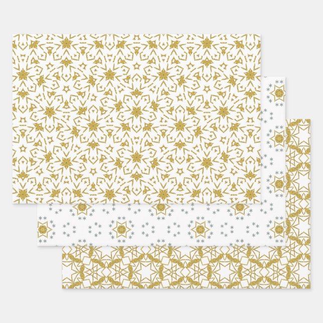 Gold Christmas Stars Luxury Pattern Yellow Wrapping Paper Sheet (Set)