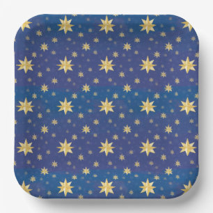 Gold Christmas Stars On Blue Paper Plate