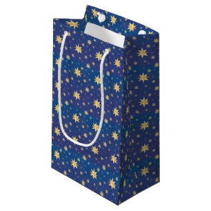 Gold Christmas Stars On Blue  Small Gift Bag