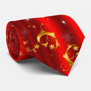 Gold Christmas Stars, Swirls on Red Tie
