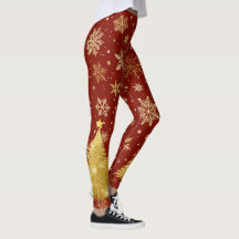 Gold Christmas Tree and Gold Snowflakes on Red