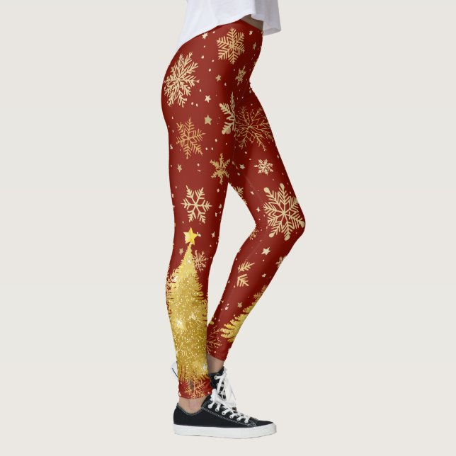 Gold Christmas Tree and Gold Snowflakes on Red Leggings (Right)