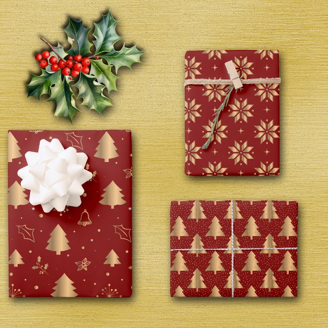 Gold Christmas Tree and Poinsettia Patterns on Red Wrapping Paper Sheet (Creator Uploaded)