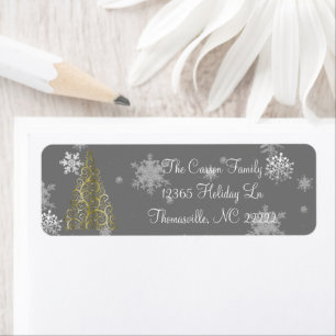 Gold Christmas Tree and Snowflakes Address Labels