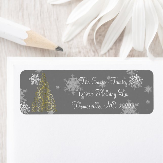Gold Christmas Tree and Snowflakes Address Labels (Insitu)