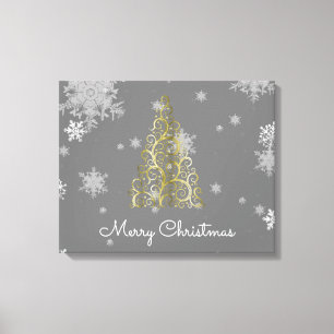 Gold Christmas Tree and Snowflakes Canvas Print