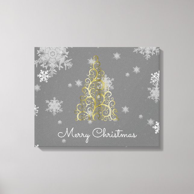 Gold Christmas Tree and Snowflakes Canvas Print (Front)