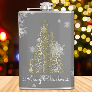 Gold Christmas Tree and Snowflakes Flask