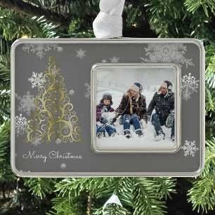 Gold Christmas Tree and Snowflakes Framed Ornament