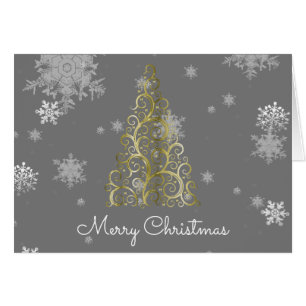 Gold Christmas Tree and Snowflakes Greeting Card