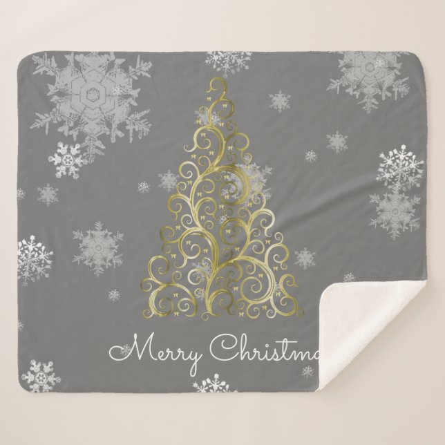 Gold Christmas Tree and Snowflakes Sherpa Blanket (Front (Horizontal))