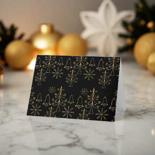 Gold Christmas Tree Bell and Snowflake Pattern Holiday Card