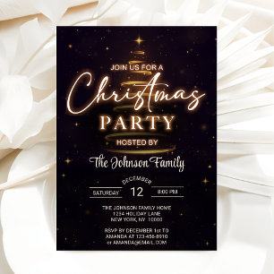 Gold Christmas Tree Black Christmas Party Invitation