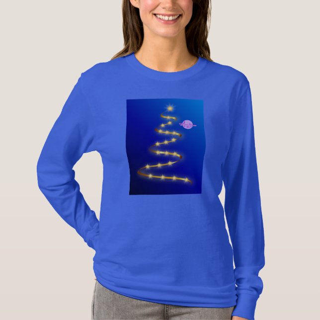 Gold Christmas Tree Blue Long Sleeves Shirt (Front)