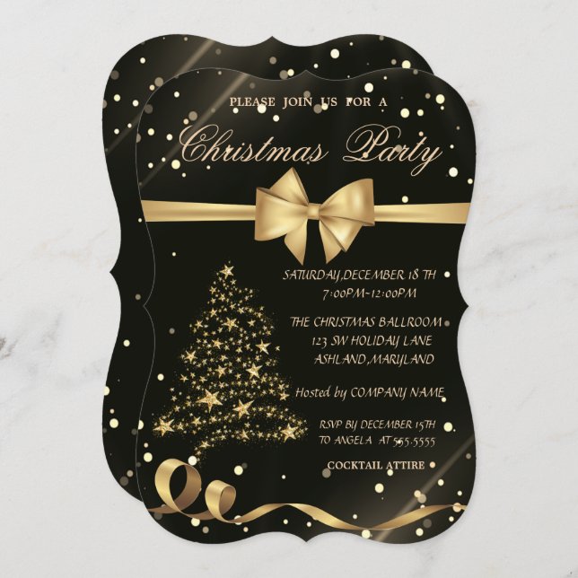 Gold Christmas Tree ,Bow,Black Christmas Party Invitation (Front/Back)