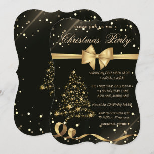 Gold Christmas Tree ,Bow,Black Christmas Party Invitation