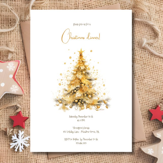 Gold christmas tree christmas dinner invitation (Creator Uploaded)