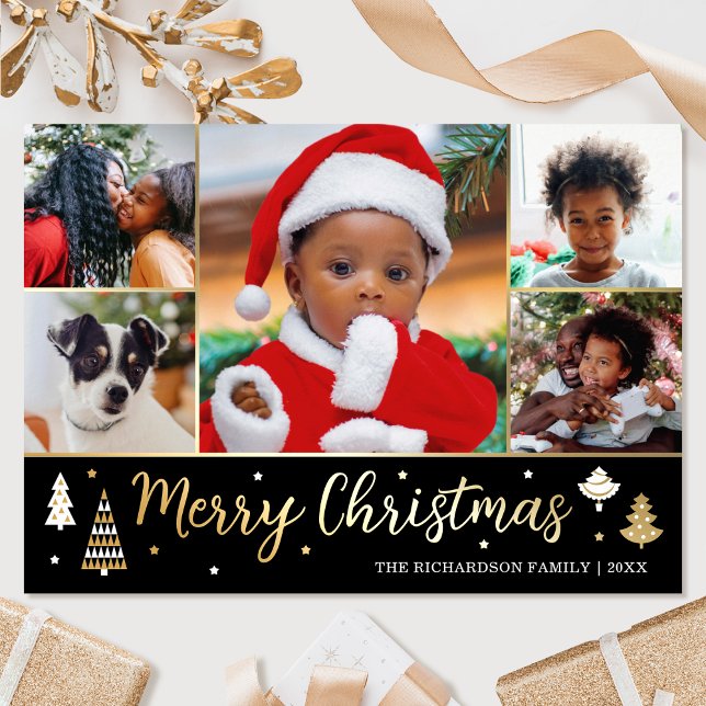 Gold Christmas Tree Custom Photo Black Luxury Foil Holiday Card (Creator Uploaded)