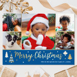 Gold Christmas Tree Custom Photo Blue Luxury Foil Holiday Card<br><div class="desc">Spread the Holiday cheer with luxury gold foil Christmas cards! Six personalised photos along with your family name and a greeting on the back. This custom design features decorative trees and stars, with the words 'Merry Christmas' in festive script lettering. Perfect for photos of kids, family, friends and pets. Colours:...</div>
